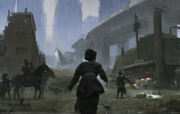 Building, destruction, overpass, warriors, Dystopia