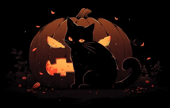 Picture sparks, halloween, Jack, black cat, in the dark, black cat, pumpkin with eyes