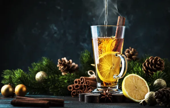 Balls, branches, bubbles, glass, the dark background, table, tea, glass