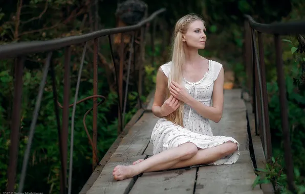 Beautiful girl, sitting, dress, Tanya, wooden bridge, Moshenko Sergey, photo shoot in nature