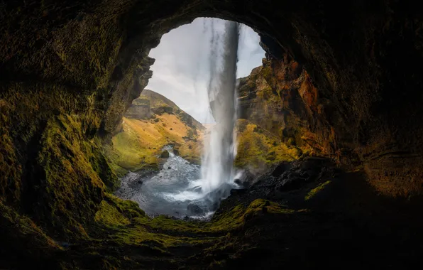 Waterfall, cave, Iceland, Seljalandsfoss, Seljalandsfoss, Northern Cave