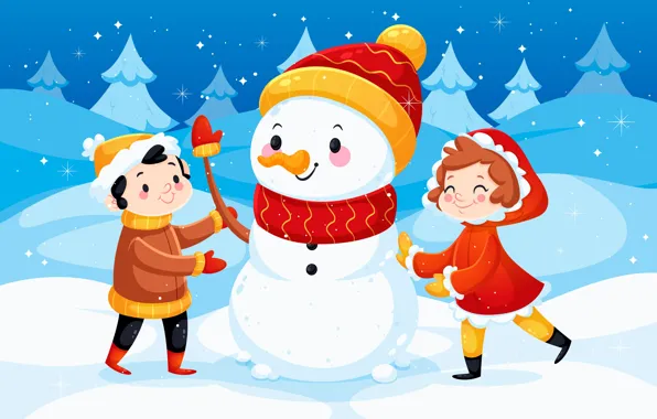 Winter, forest, snow, children, graphics, boy, Christmas, girl