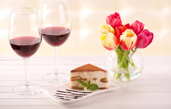 Wine, glass, tulips, vase, cake
