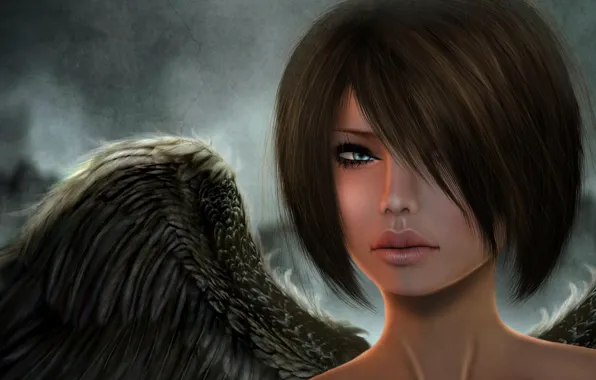 Picture look, girl, face, rendering, wings, angel