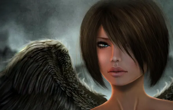 Look, girl, face, rendering, wings, angel