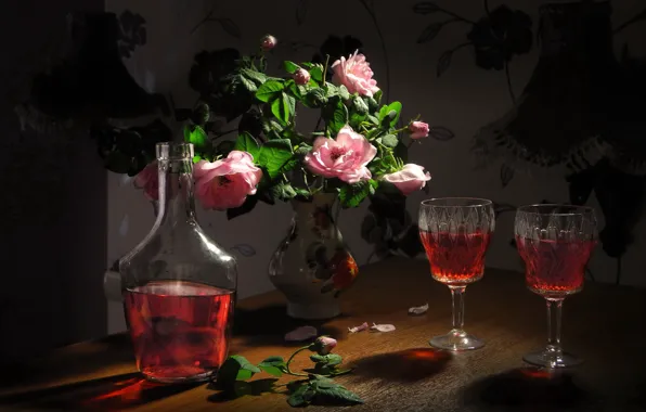 Flowers, roses, petals, glasses, vase, drink, still life, bottle
