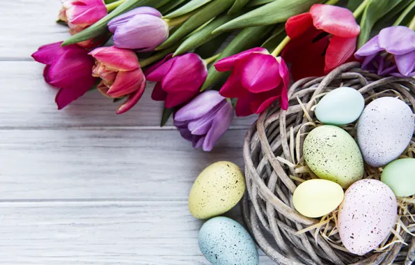 Flowers, eggs, spring, colorful, Easter, tulips, happy, wood