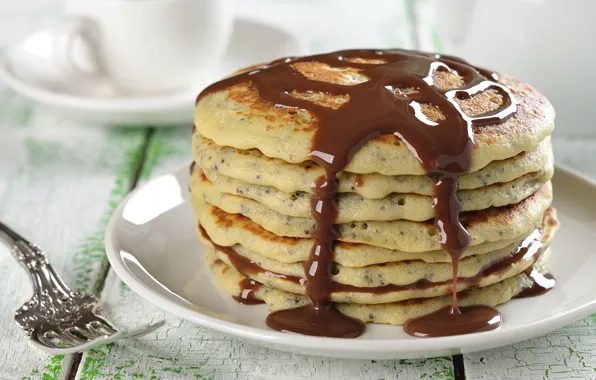 Coffee, chocolate, Breakfast, pancakes, pancakes