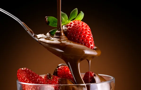 Picture berries, chocolate, strawberry, spoon, red, dessert, sweet