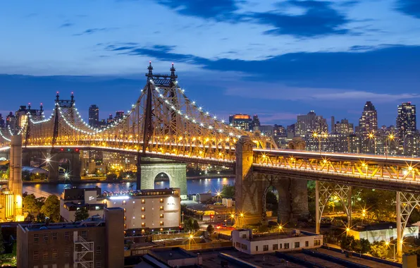 Picture New York, night city, Manhattan, NYC, New York City, Queensboro Bridge, The Queensboro Bridge, Bridge …
