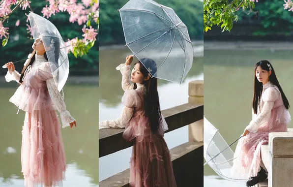 Beautiful, Asian, Model, Tree, Flowers, Water, Umbrella, Woman