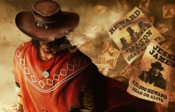 Picture hat, medallion, cigar, the bandits, cowboy, robbers, Call of Juarez: The Gunslinger, cowboy