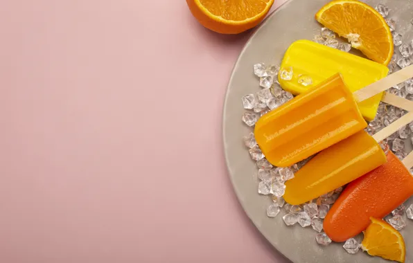 Oranges, plate, ice cream, yellow, pink background, different, dessert, orange