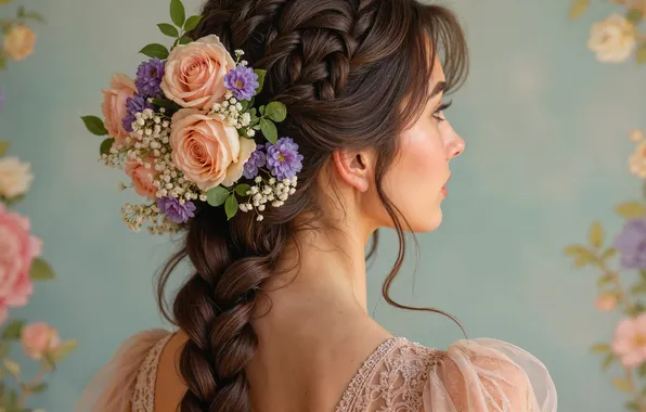 Flowers, Girl, Hair, Roses, Braid, Digital art, Back, AI art