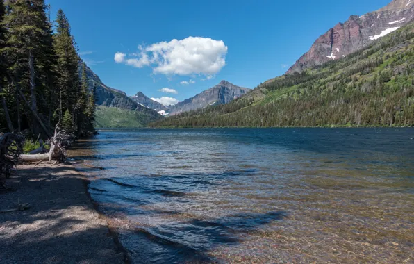 The sky, trees, mountains, lake, USA, Montana, glacier national park