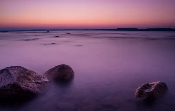 The sky, sunset, orange, lake, stones, shore, the evening, Michigan