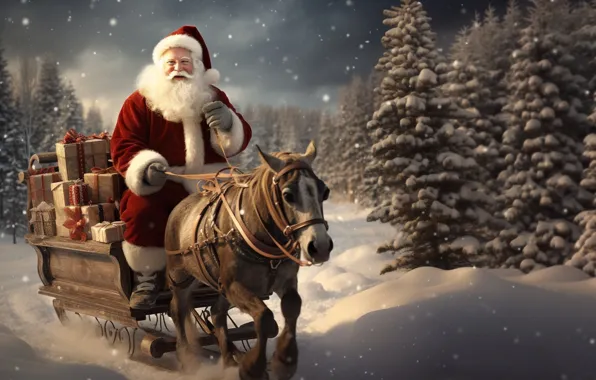 Picture Winter, Horse, Night, Snow, New year, Santa, Holiday, Santa Claus