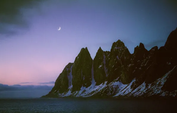 Sea, the sky, water, mountains, night, nature, rocks, the moon