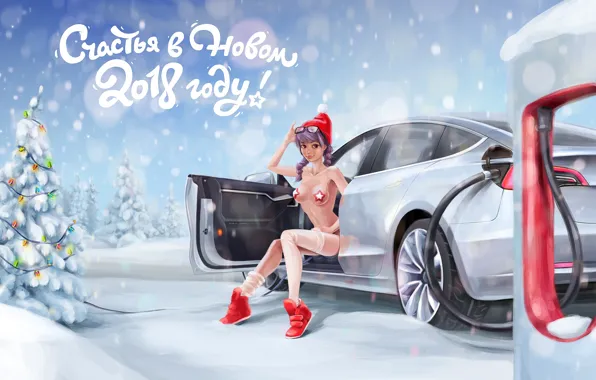 Girl, snow, Tesla, 2018, Tesla, Happy New Year, drom, Drom