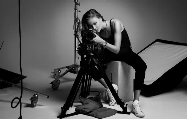 Picture black&white, girl, canon, photographer, camera, model, hair, look