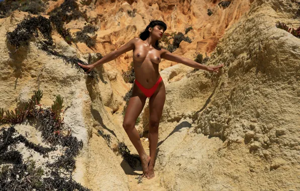 Topless, sandstone, cliff, dark nipples, out door, Angel Constance