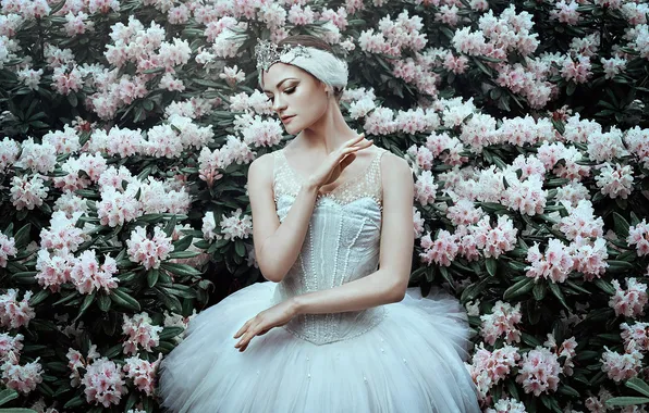 Leaves, girl, flowers, branches, pose, style, woman, spring