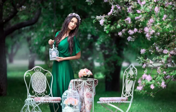 Trees, chairs, spring, dress, brunette, wreath