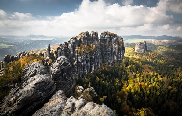 Autumn, forest, clouds, mountains, stones, rocks, view, height
