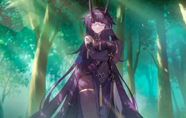 Forest, anime, glasses, rays of light, horns, the thicket, anime girls, Honkai Impact 3rd