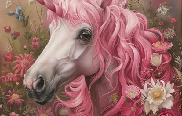 White, look, face, flowers, horse, horse, portrait, fantasy