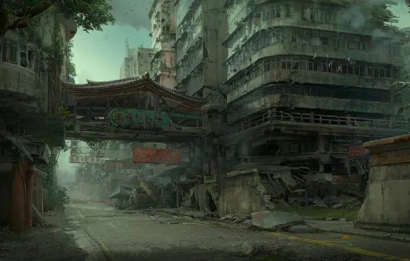 Picture ruins, postapocalyptic, Hong Kong, the ruined city, in the dark, deserted city, postapocalyptic, abandoned area