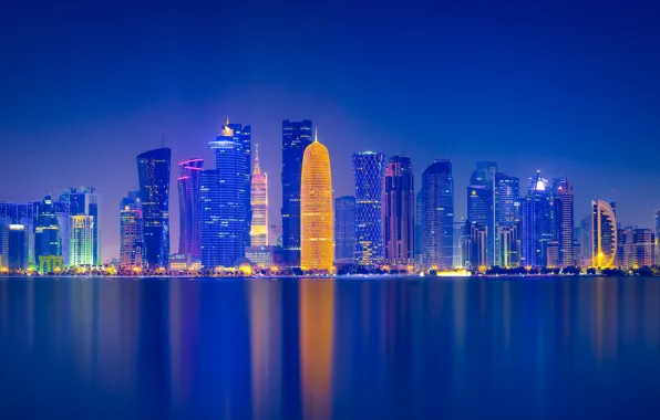 Picture city, lights, night, skyscrapers, Qatar, Doha, Michael Zheng