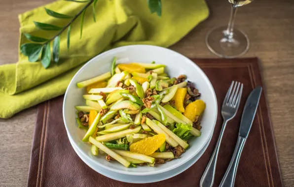 Orange, knife, pear, plug, nuts, salad, celery