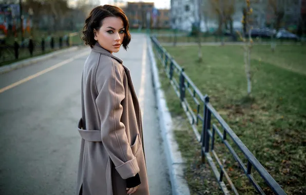 Picture look, girl, pose, brunette, coat, Sergey Bogatkov
