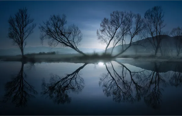 Autumn, trees, mountains, fog, reflection, haze, twilight, pond