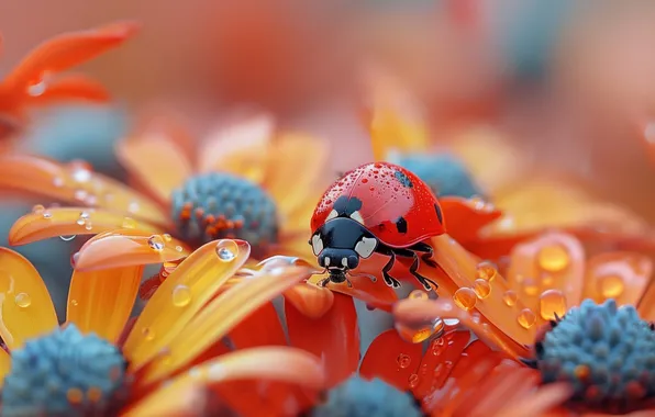 Summer, flowers, Rosa, ladybug, beetle
