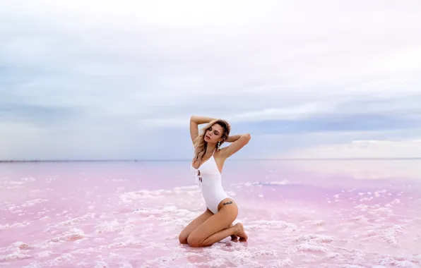 Swimsuit, the sky, pose, model, makeup, figure, horizon, tattoo