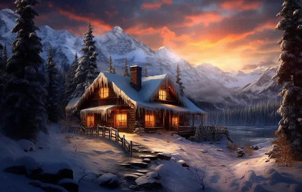Winter, forest, snow, mountains, night, nature, house, house