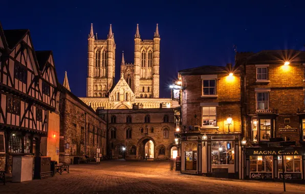 Picture Lincoln, the sky, stars, night, lights, street, England, tower