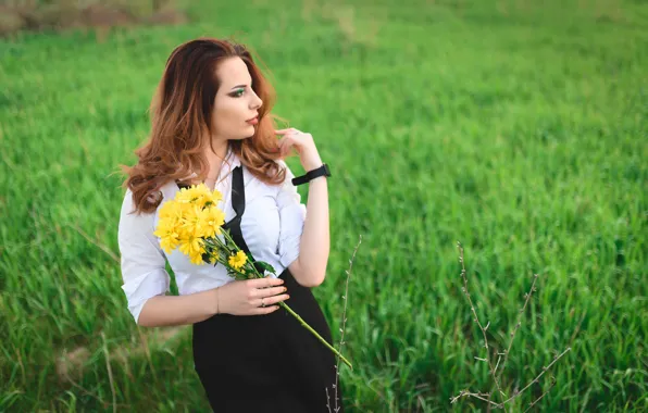 Grass, girl, flowers, pose, chrysanthemum, Anton Vladimirovich