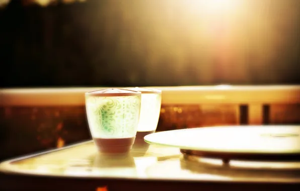 The sun, light, table, patterns, the evening, blur, glasses