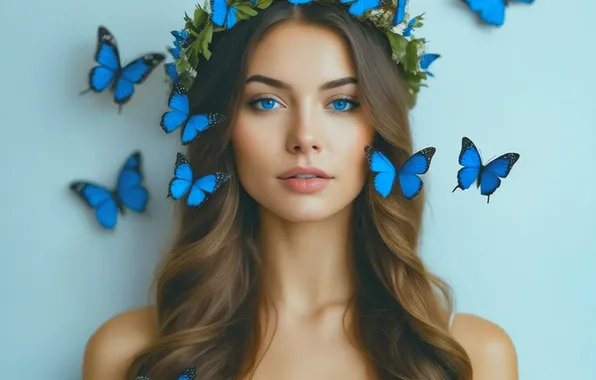 Look, girl, butterfly, blue eyes, wreath, generated by AI