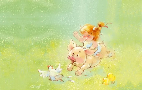 Picture summer, mood, the game, laughter, art, girl, children's, pig