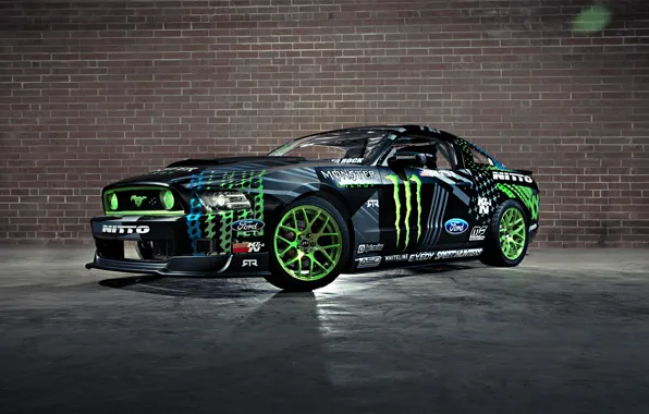 Picture Mustang, Ford, Drift, Wall, Green, Black, RTR, Monster Energy