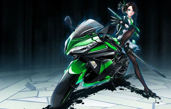 Picture girl, sword, anime, art, motorcycle, hamada youho