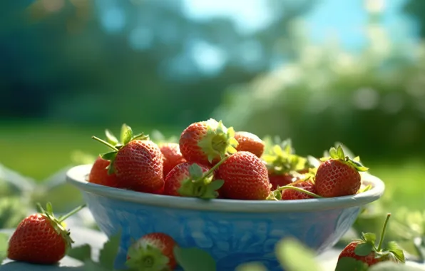 Summer, light, nature, berries, rendering, harvest, strawberry, bowl