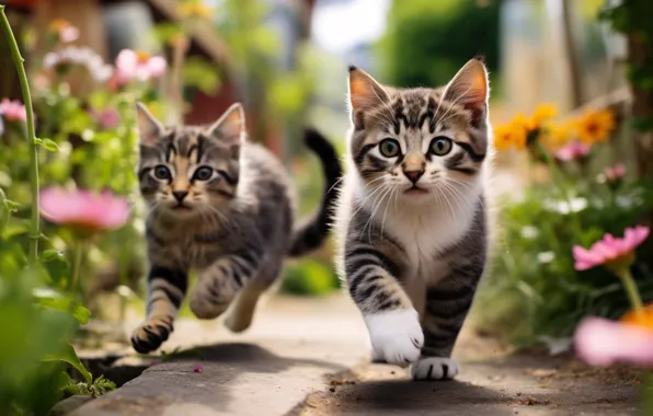 Cat, summer, look, cats, flowers, nature, pose, kitty