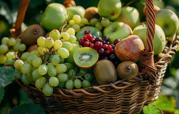 Light, apples, kiwi, green, grapes, fruit, basket, a lot