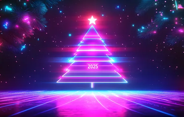 Star, neon, Christmas, New year, neon light, purple background, Christmas tree, AI art