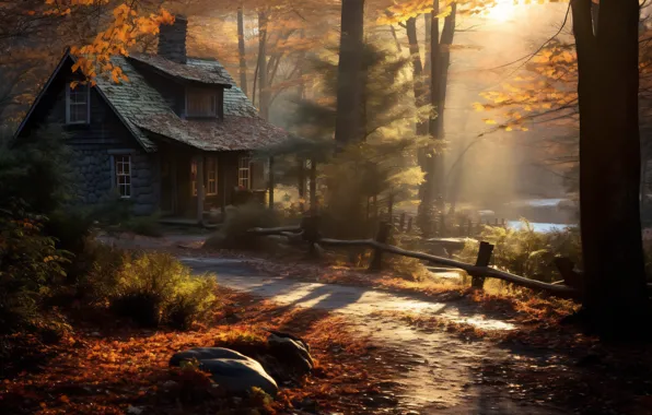 Autumn, forest, the sun, light, trees, fog, house, Park